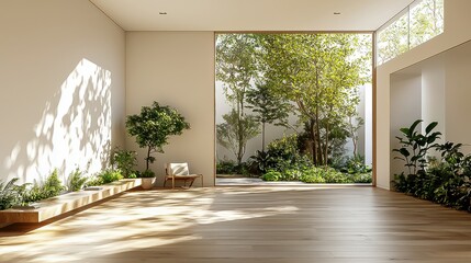 Obraz premium Cozy Empty Room Interior Design with White Walls & Floor, Perfect Garden View Through Window, Modern Home Architecture for Relaxation.