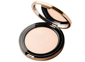An ultra-realistic photograph of an open powder compact, featuring a light beige foundation inside. The compact is isolated on a transparent background