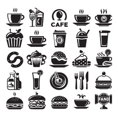 Silhouette icon set of cafe icons, restaurant icon, food and drink icon vector style on white background.