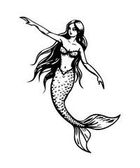 Vintage Illustration of a Beautiful Mermaid with Flowing Hair and a Fish Tail