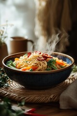 Chowmein/ Noodles with Stir-Fried Vegetables, Sesame Seeds, in Boho-Inspired Cozy Food Styling
