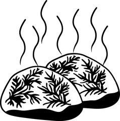 Steaming hot rocks with fern pattern in black and white illustration