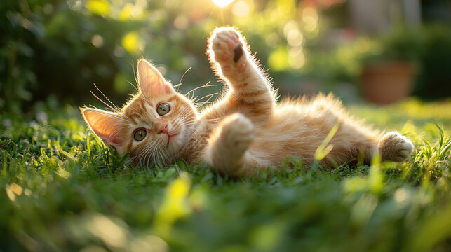 Ginger kitten playfully lies on grass, paw reaching up into the sunlight