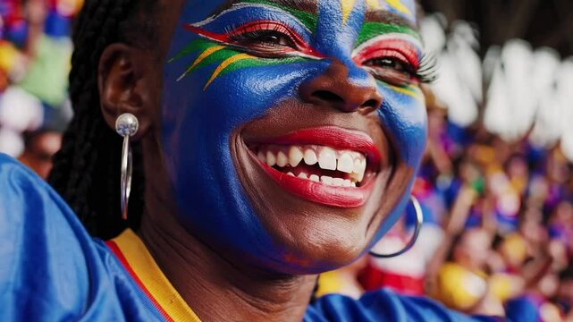 Smiling Female Sports Fan with Namibian Flag Face Paint at a Stadium Event  
