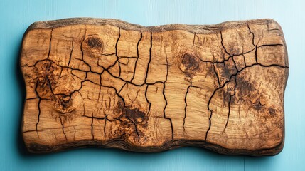 A weathered wooden cutting board, its surface adorned with a mosaic of natural cracks and grains, lay ready on a pristine blue backdrop, inviting the touch of a culinary artist.