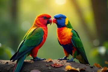 Fototapeta premium Un par de loros se miran mientras pican una uva, pareja, silueta