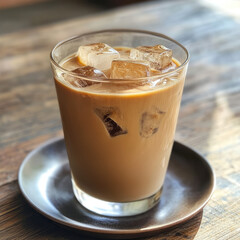 Glass of iced coffee with ice cubes on a small round tray on wood table