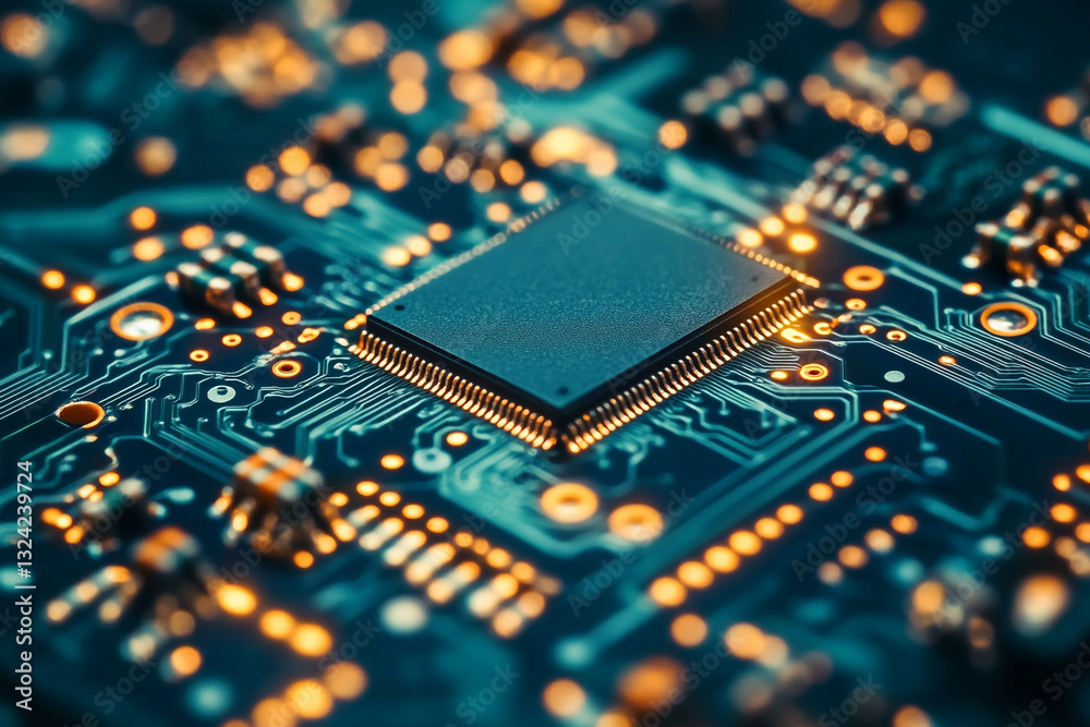 Aufkleber closeup detailed view of advanced circuit board technology modern microchip pcb data system design