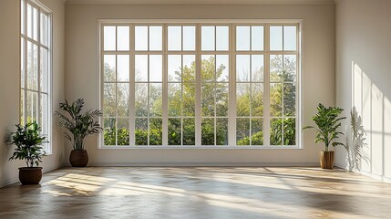 Fototapeta premium Cozy Large Roomy Space with High Ceiling, Natural Light & Warm Beige Tones - Perfect for a Peaceful Office or Home Study Area - Copy Available