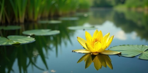 Yellow Nuphar lutea flower pods scattered on calm lake surface with reeds, yellow blooms, aquatic plants, lake scenes