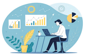 A person is working at a desk with a laptop, surrounded by graphs and plants, illustrating productivity and data analysis.