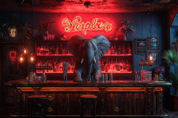 Elephant serving drinks as bartender mixing cocktails behind polished counter with neon sign above bar name. Concept of hospitality service.