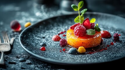 A vibrant dessert featuring a golden citrus base, garnished with fresh berries and mint, served on a dark plate with a sprinkle of powdered sugar.