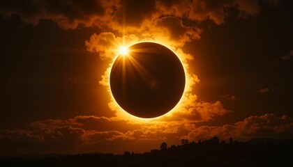 Obraz premium Solar eclipse with glowing halo against dark clouds