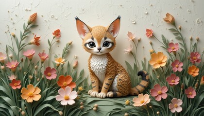 Fototapeta premium Adorable Sand Cat Kitten Amidst Paper Flowers Artistic Craftsmanship