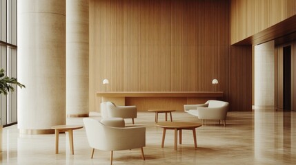 Modern Minimalist Lobby Lounge Wooden Walls Beige Chairs