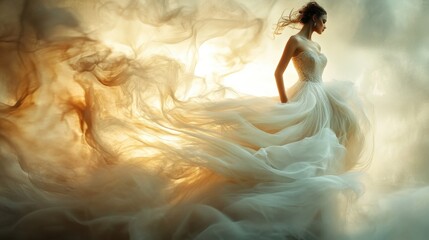 Naklejka premium An ethereal figure in a flowing white dress stands amidst swirling clouds, creating a dreamy, surreal atmosphere.