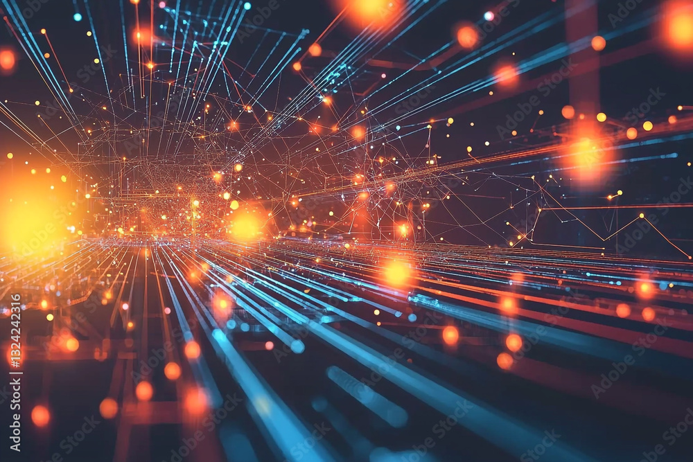 Poster abstract digital network technology background with bright lines and glowing particles web data blue