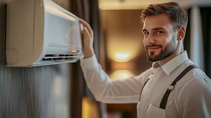 Fototapeta premium Home air conditioning maintenance indoor living space tutorial video comfortable atmosphere close-up practical tips for homeowners