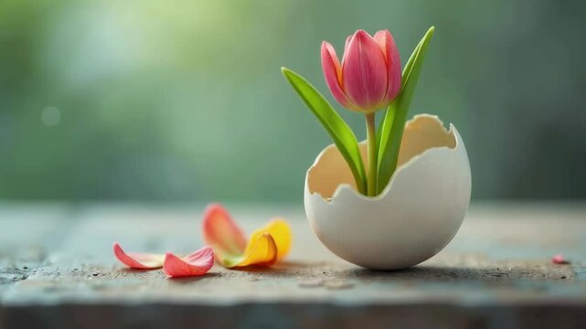 Pink tulip growing from a cracked eggshell with petals scattered around.