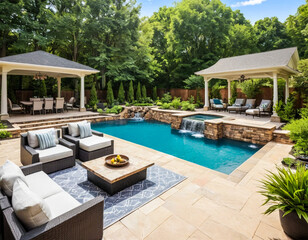 Photo of a luxurious backyard oasis with a sparkling pool and comfortable patio furniture	