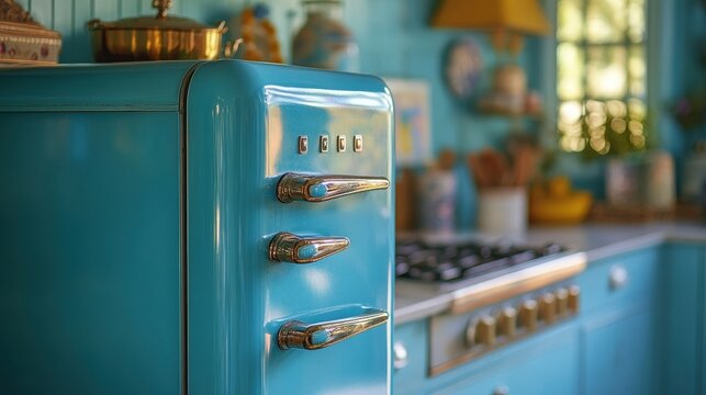 A faded turquoise refrigerator, adorned with retro knobs and a vintage charm, stood proudly against a vibrant blue backdrop, hinting at a retro kitchen design that evoked memories of bygone eras.