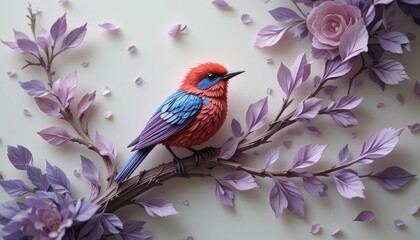Vibrant Paper Bird Perched on Delicate Lavender Branches with Roses