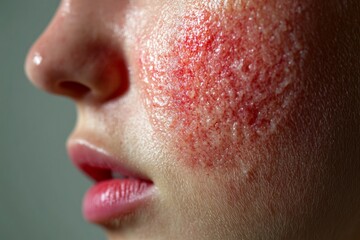 Fototapeta premium Red, irritated skin on the face, close-up with gentle lighting, a neutral background, showing the effects of eczema, detailed texture, lifelike photo