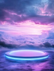 Illuminated circular platform in a dreamlike setting with clouds painted in hues of purple and pink