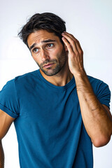 Fototapeta premium A man in a blue shirt holding his head in his hands