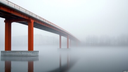 PM2.5 Urban Fog Concept, City Bridge Partially Obscured by Dense Fog Creating a Muted Atmosphere Over a Serene Landscape