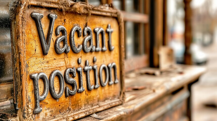 A weathered wooden sign with raised metal letters reads "Vacant position." The rustic setting and blurred background evoke themes of opportunity, employment, and change.