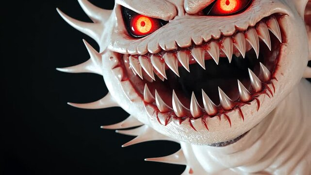Close-up of a menacing creature with sharp teeth and glowing eyes against a dark background