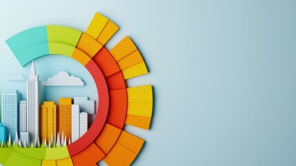 A colorful paper-cut cityscape featuring buildings, greenery, and a bright circular design.