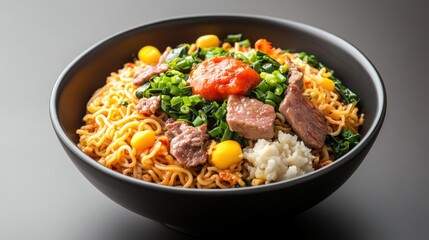 Delicious bowl of yakisoba noodles with fresh ingredients perfectly arranged for an authentic japanese street food experience