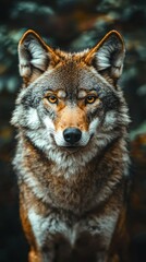 Obraz premium Focused red wolf, poised with amber eyes, amidst blurred foliage background