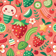 Fruitful Fantasia: An exuberant explosion of vibrant fruits and delightful characters, forming a seamless pattern of joyful indulgence and cheerful whimsy, ready to tantalize and captivate.