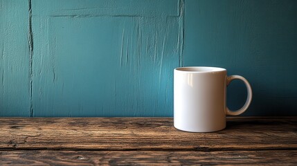 A plain white coffee mug, its simple elegance accentuated by a rustic wooden table, rests against a vibrant blue backdrop, a scene of understated elegance in a contemporary setting.