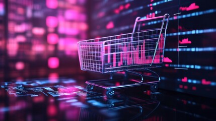 A digital shopping cart with glowing graphics, set against a backdrop of data visuals, representing online commerce and technology trends.