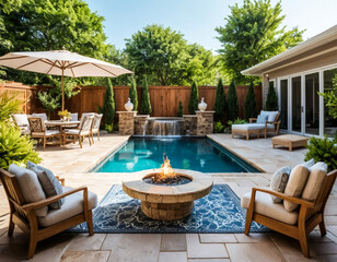 Obraz premium Photo of a luxurious backyard oasis with a sparkling pool and comfortable patio furniture 