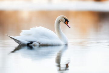 Obraz premium Graceful swan swimming in tranquil waters at sunrise nature photography serene environment close-up view
