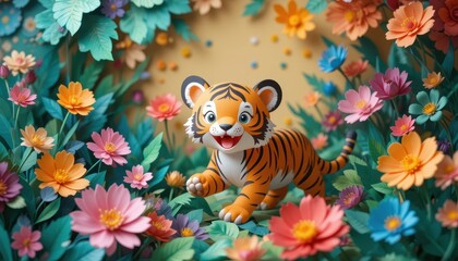 Adorable Cartoon Tiger Cub Amidst Vibrant Paper Flowers Spring Garden Illustration