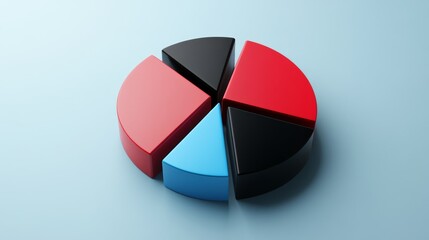 Obraz premium A minimalist D pie chart with black, red, and blue segments, ideal for financial data visualization