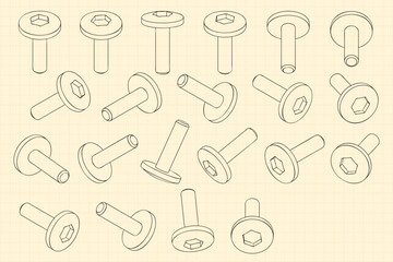 Mechanical engineering drawings on sepia background. Cutter, assembly tool with replaceable multi-faceted plate. Technical Design. Cover. Blueprint. Vector illustration.