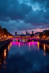 Naklejka premium River Thames reflecting colorful city lights at dusk, urban, river, reflection