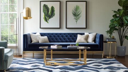 A modern living room with a dark blue velvet sofa, gold-accented furniture, and a geometric rug. A chic floor lamp and framed art pieces complete the elegant look.