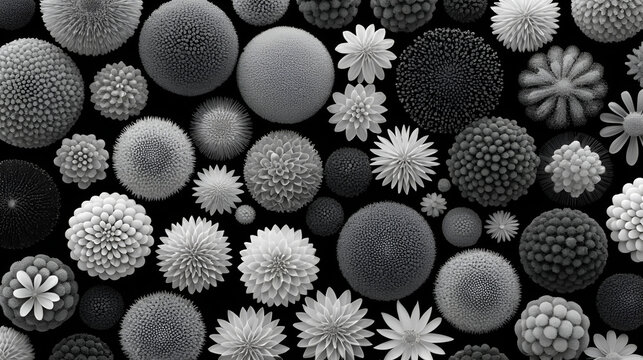 3d illustration of many different pollen bodies in black and white