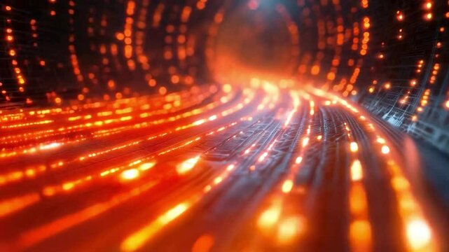 A vibrant tunnel illustrates the dynamic behavior of quantum bits as they exhibit superposition and entanglement. The flowing patterns represent quantum states interacting in a unique environment.