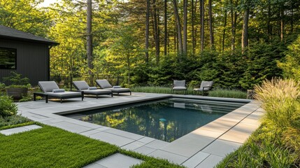 Obraz premium Modern pool patio, sun loungers, backyard, wooded house