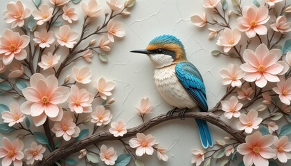 Stunning Paper Bird Art Blue Kingfisher on a Branch with Peach Blossoms
